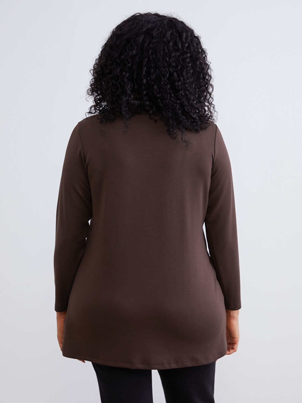 Kahverengi Büyük Beden Bisiklet Yaka Büzgülü Kadın Tunik-3