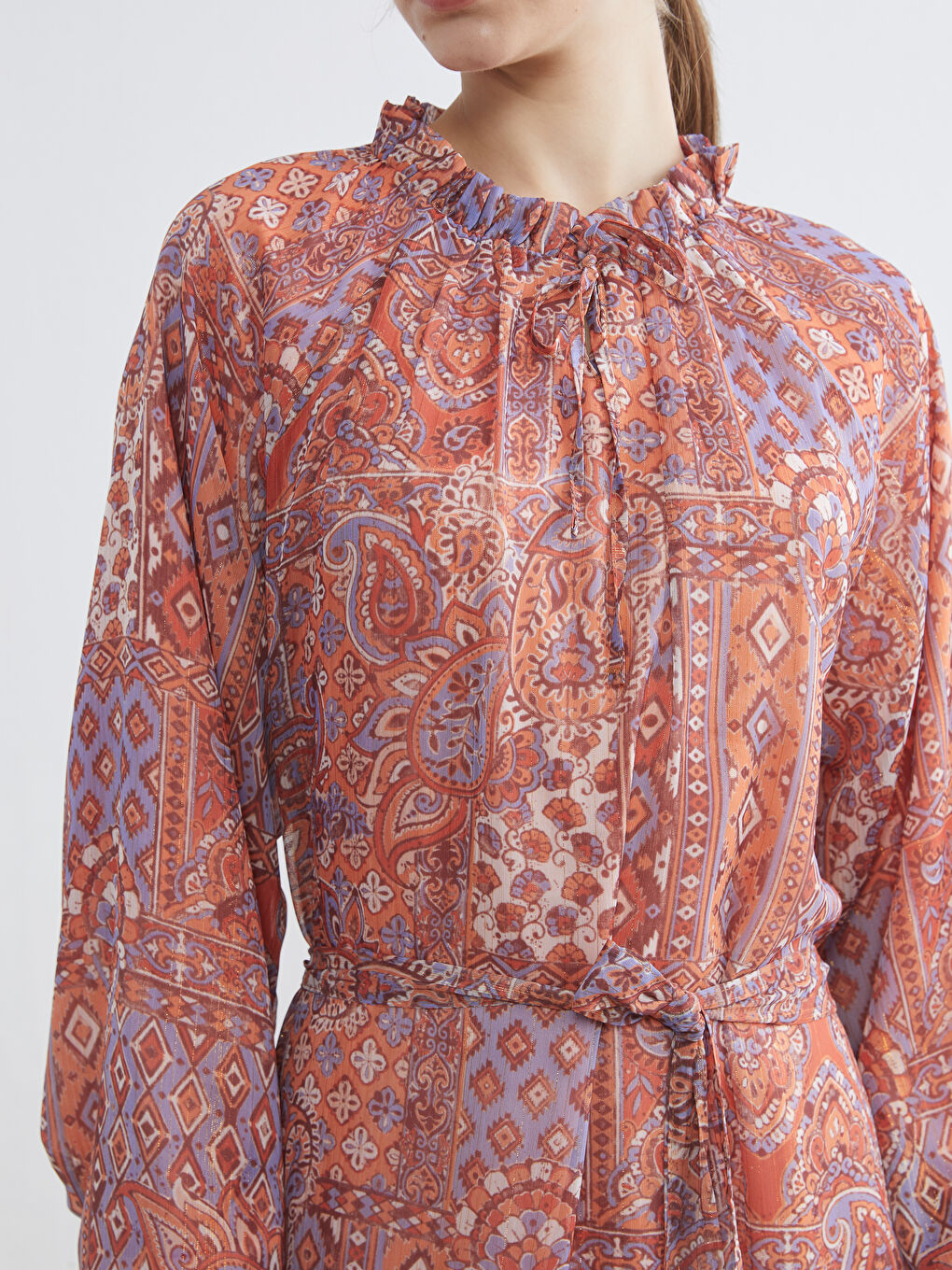 Karışık Desenli Belden Oturtmalı Şifon Elbise-2