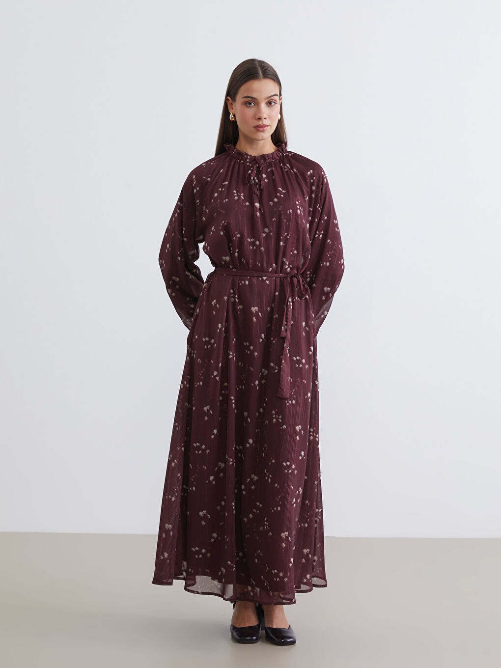 Bordo Desenli Belden Oturtmalı Şifon Elbise-1