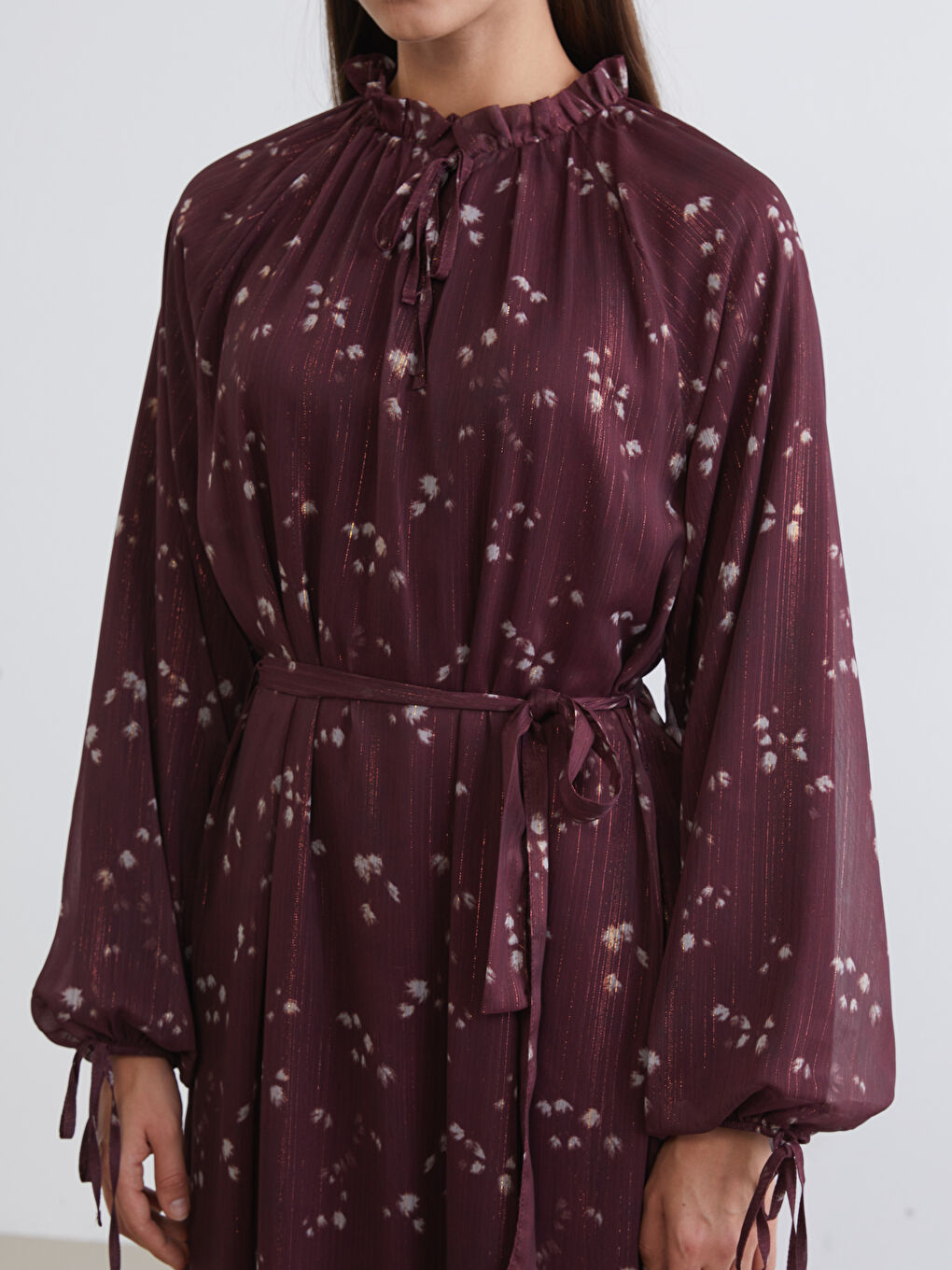 Bordo Desenli Belden Oturtmalı Şifon Elbise-2