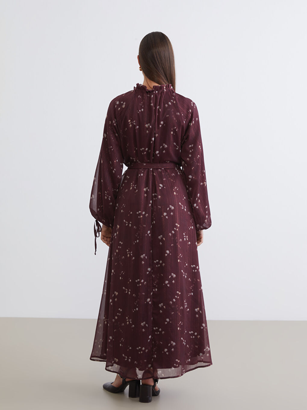 Bordo Desenli Belden Oturtmalı Şifon Elbise-3