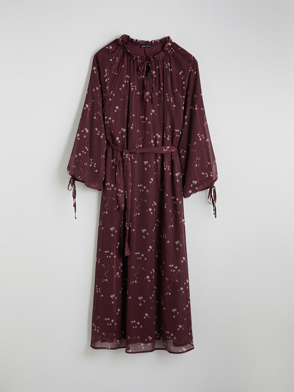 Bordo Desenli Belden Oturtmalı Şifon Elbise-4