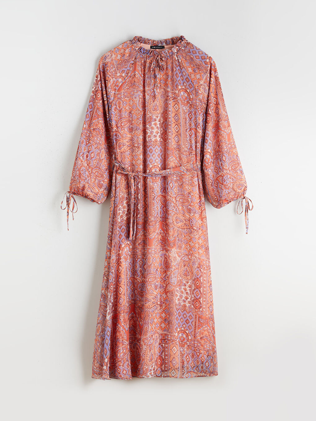 Karışık Desenli Belden Oturtmalı Şifon Elbise-4