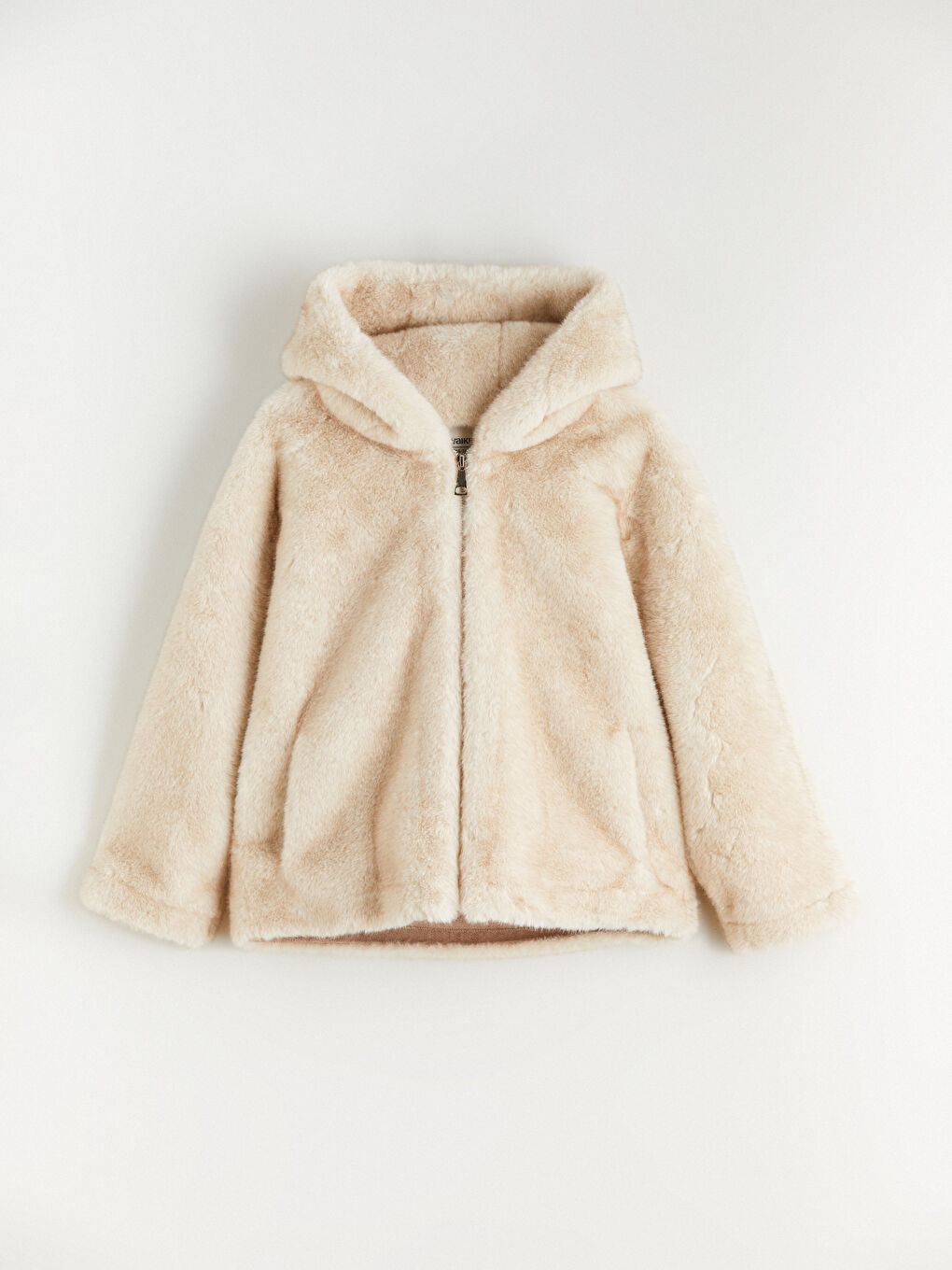Bej Kapüşonlu Kız Çocuk Suni Kürk Kaban
