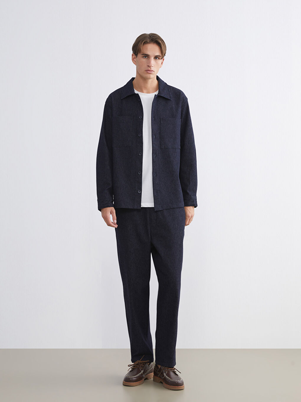 İndigo Rahat Kalıp Uzun Kollu Armürlü Erkek Gömlek-1