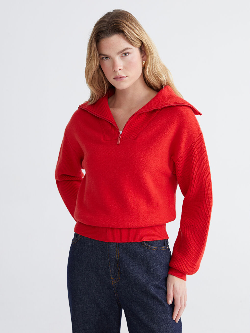 Kırmızı Polo Yaka Kadın Triko Kazak