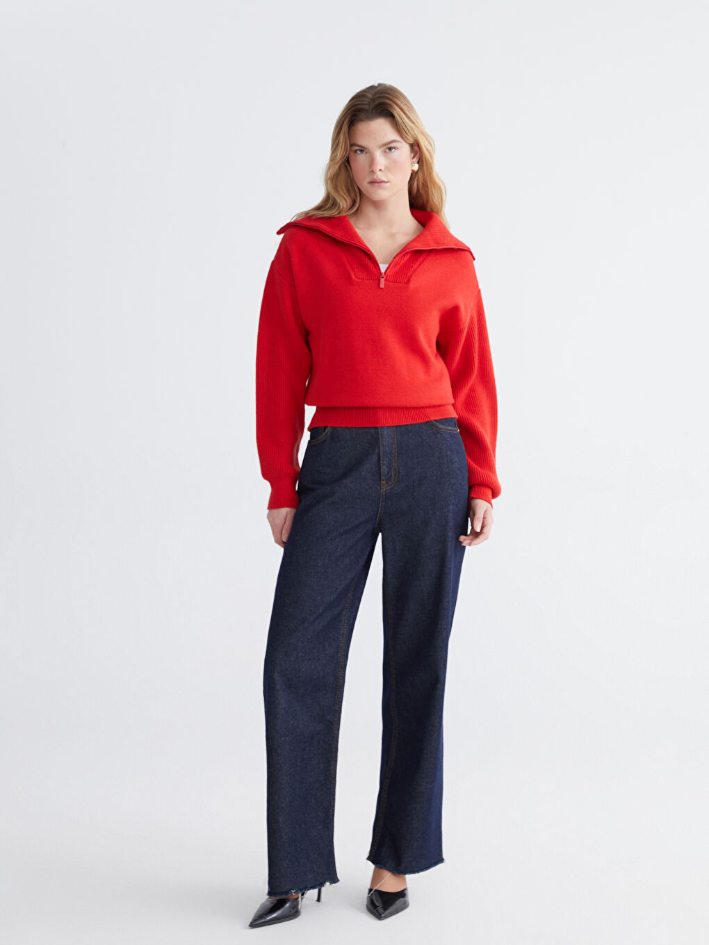 Kırmızı Polo Yaka Kadın Triko Kazak-1