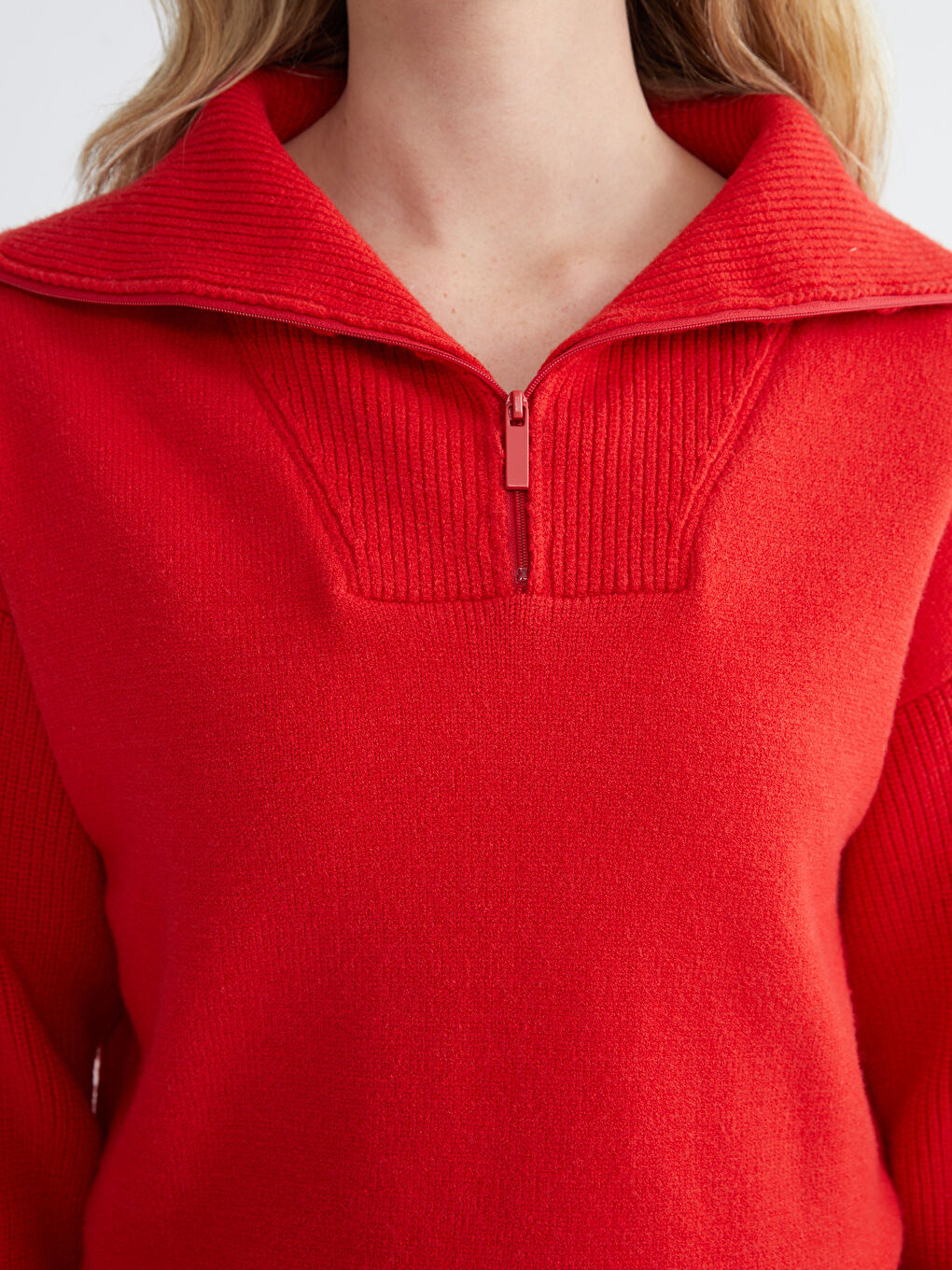 Kırmızı Polo Yaka Kadın Triko Kazak-2