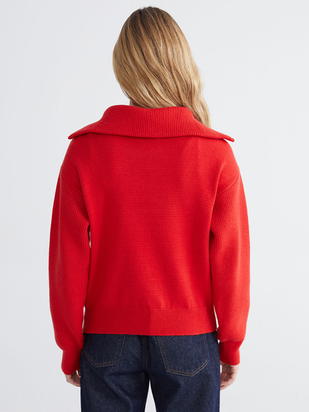 Kırmızı Polo Yaka Kadın Triko Kazak-3