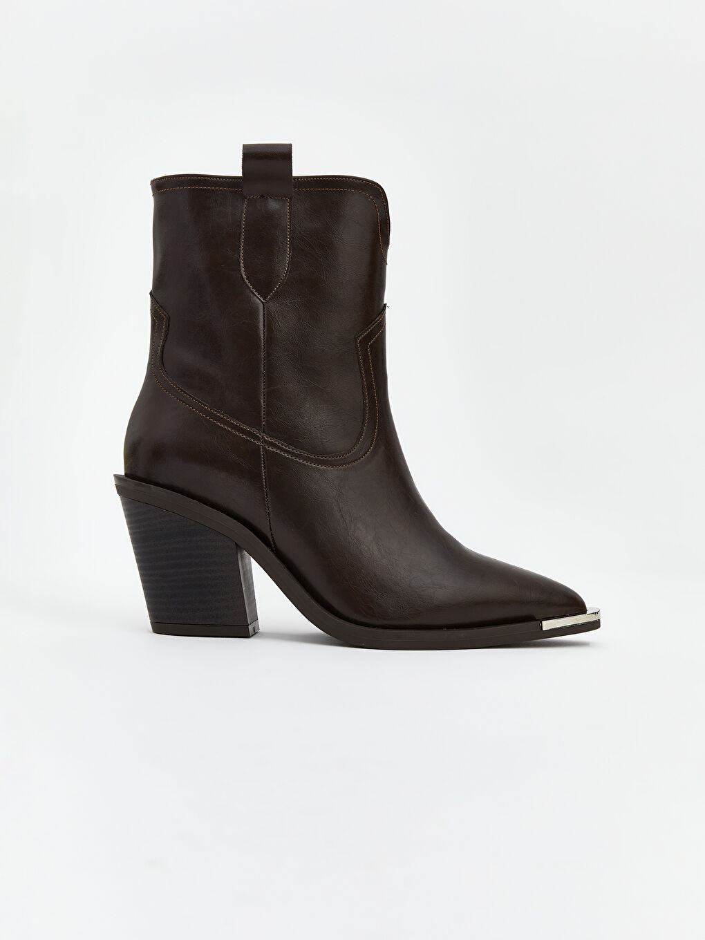 Kahverengi Deri Görünümlü Kadın Topuklu Bot-1