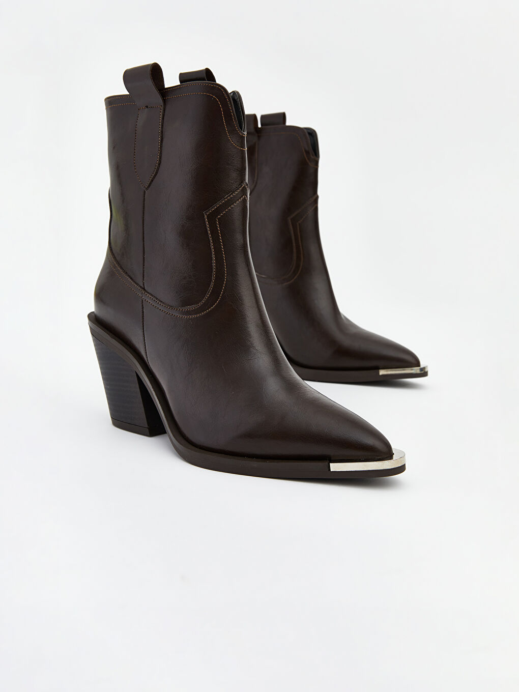 Kahverengi Deri Görünümlü Kadın Topuklu Bot-2