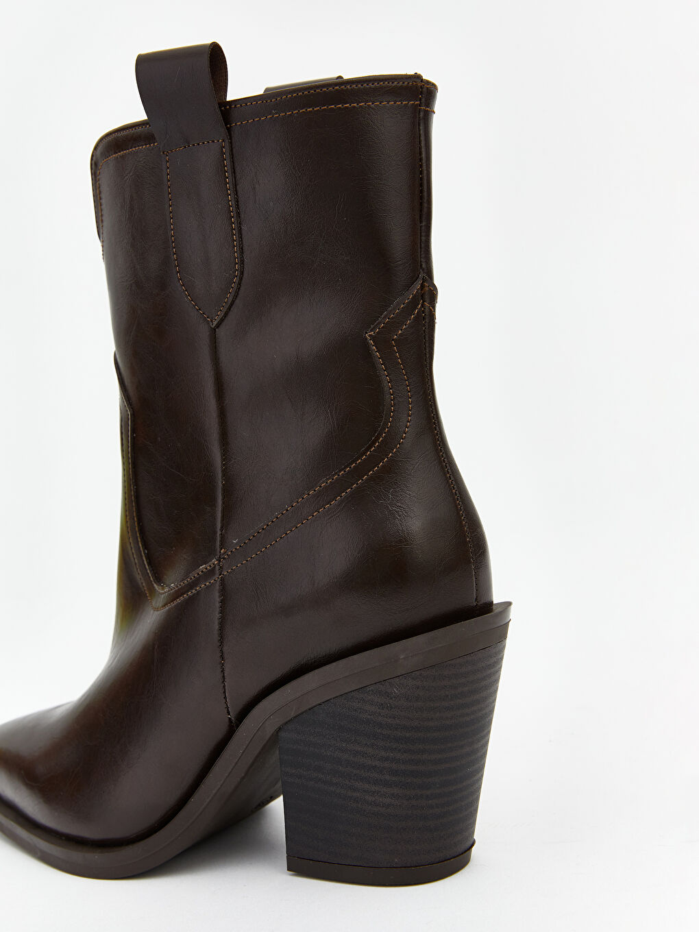 Kahverengi Deri Görünümlü Kadın Topuklu Bot-4