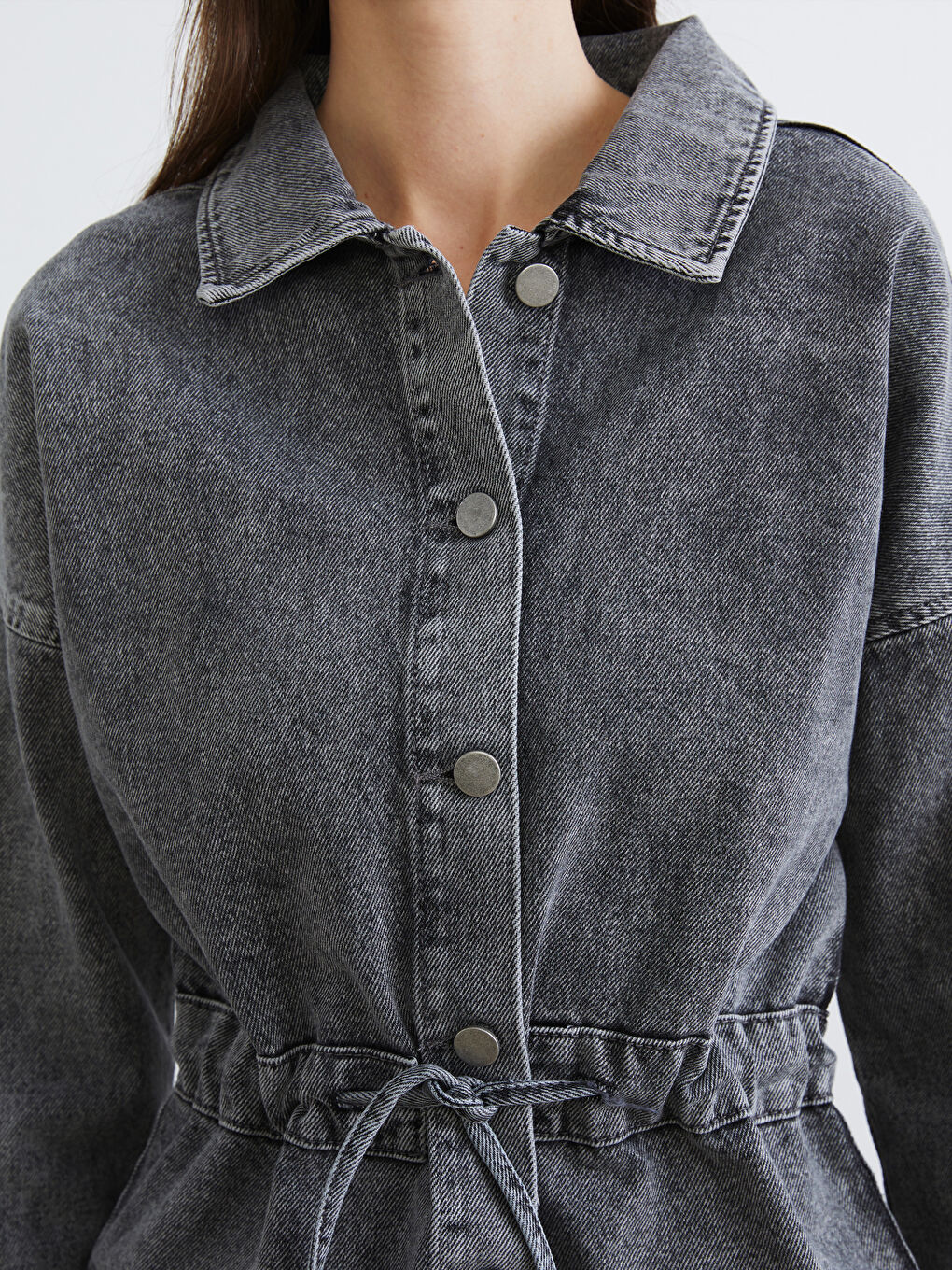 Siyah Gömlek Yaka Kadın Jean Ceket-2