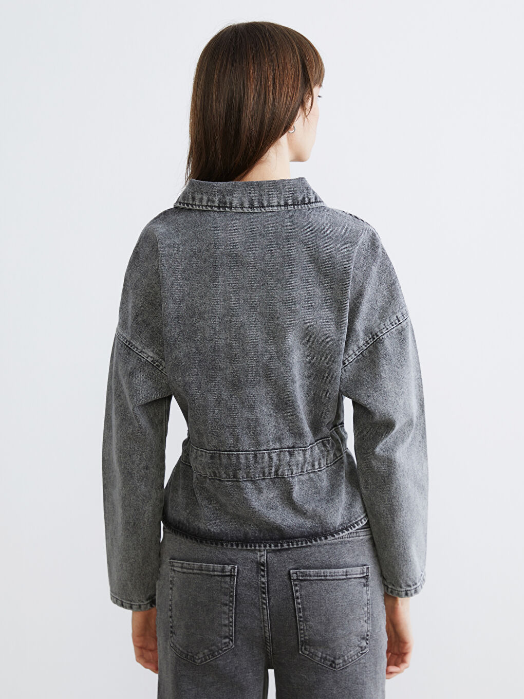 Siyah Gömlek Yaka Kadın Jean Ceket-3