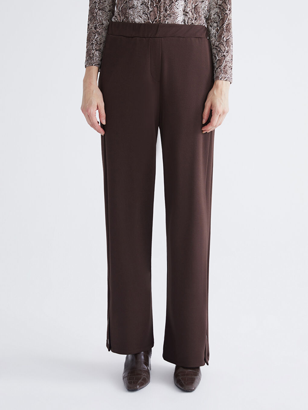 Kahverengi Büyük Beden Beli Lastikli Kadın Pantolon-1