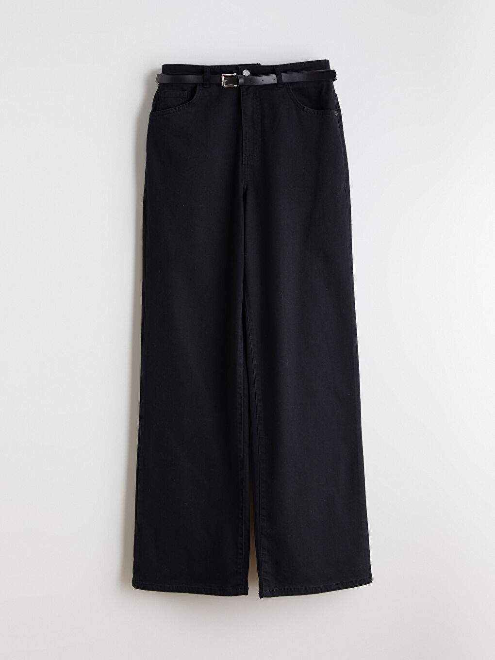 Siyah Beli Kemerli Wideleg Kadın Jean Pantolon-4