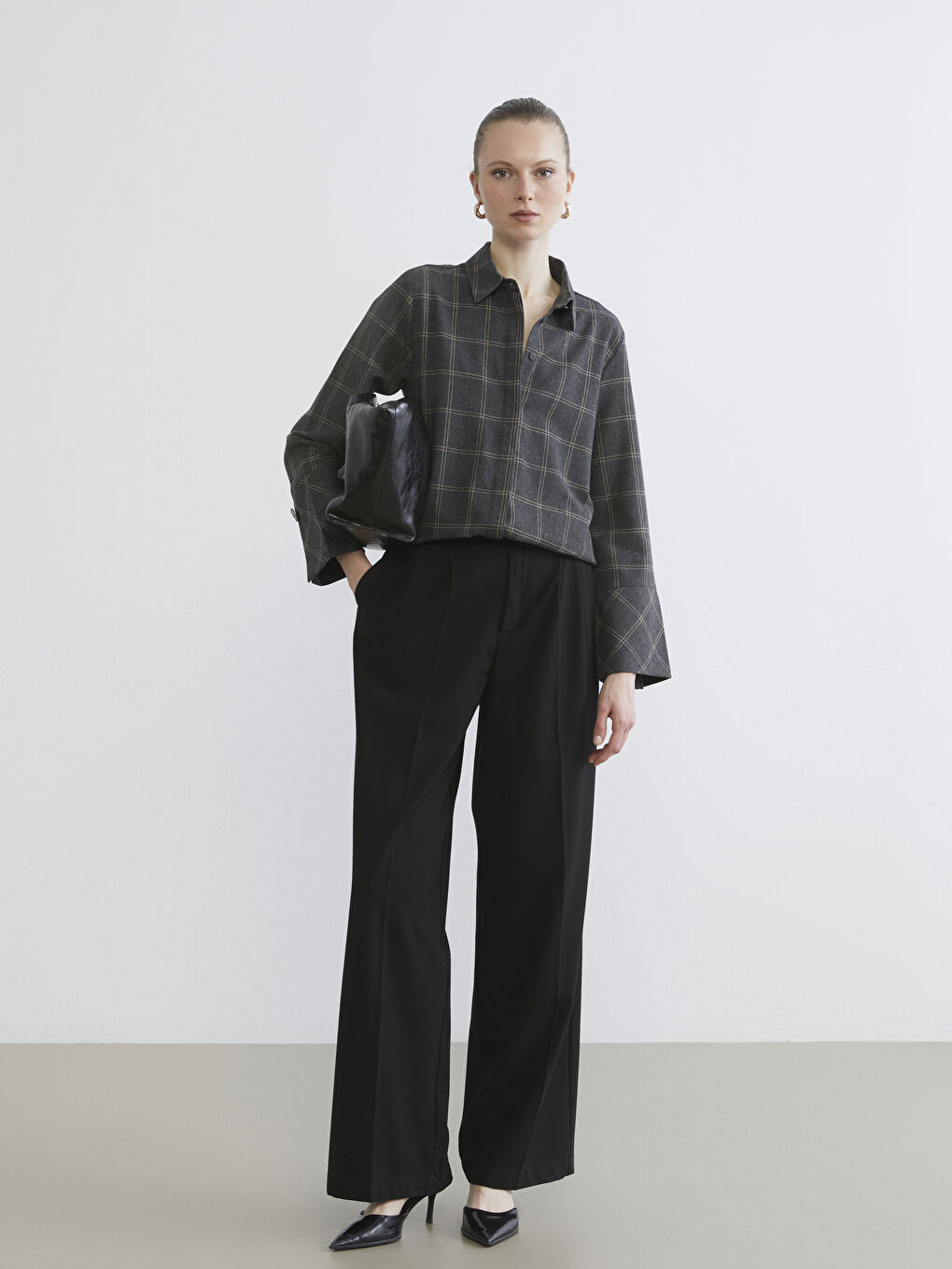 Gri Ekose Kadın Gömlek Tunik-1