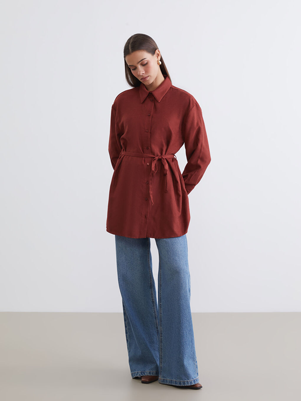 Kahverengi Kadın Süet Görünümlü Gömlek Tunik-1