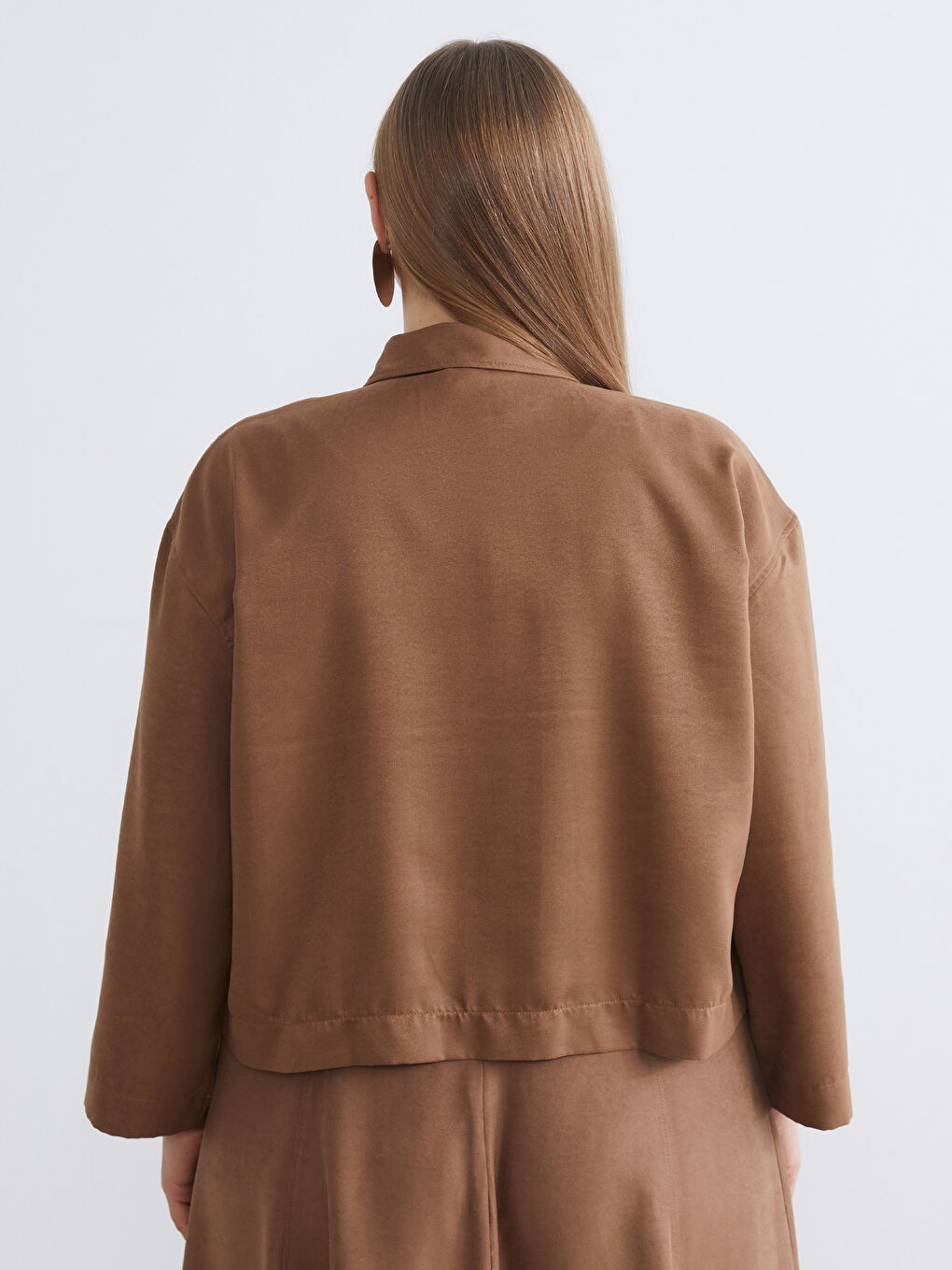 Kahverengi Oversize Kadın Süet Görünümlü Gömlek-6