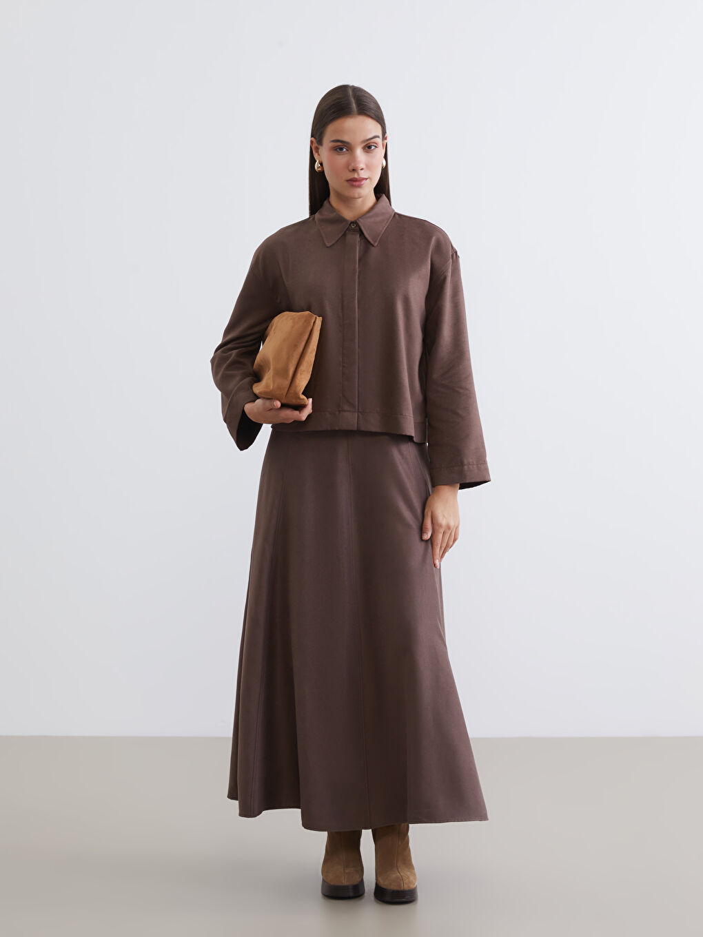 Kahverengi Oversize Kadın Süet Görünümlü Gömlek-1