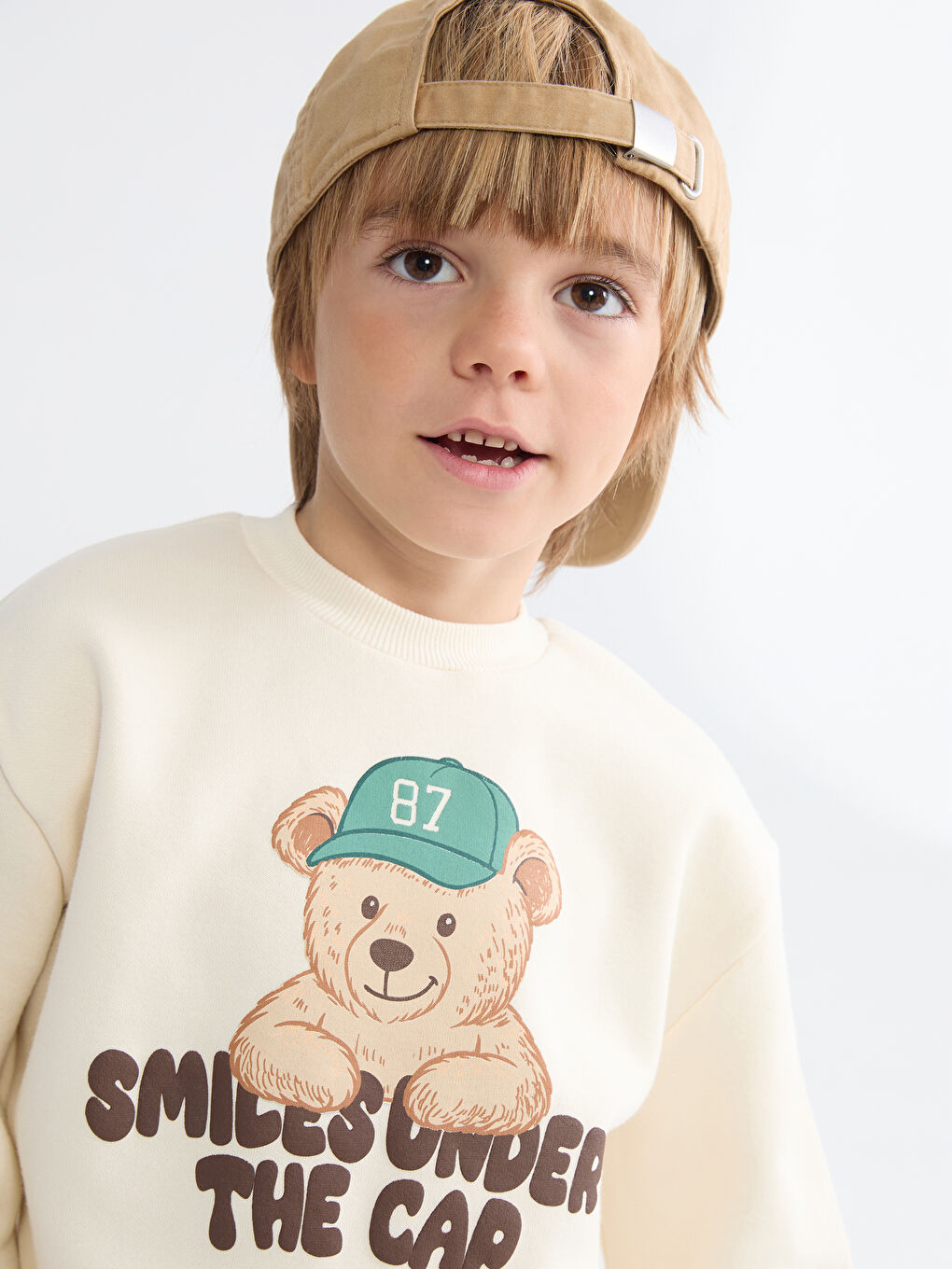 Bej Bisiklet Yaka Ayı Teddy Baskılı Erkek Çocuk Sweatshirt