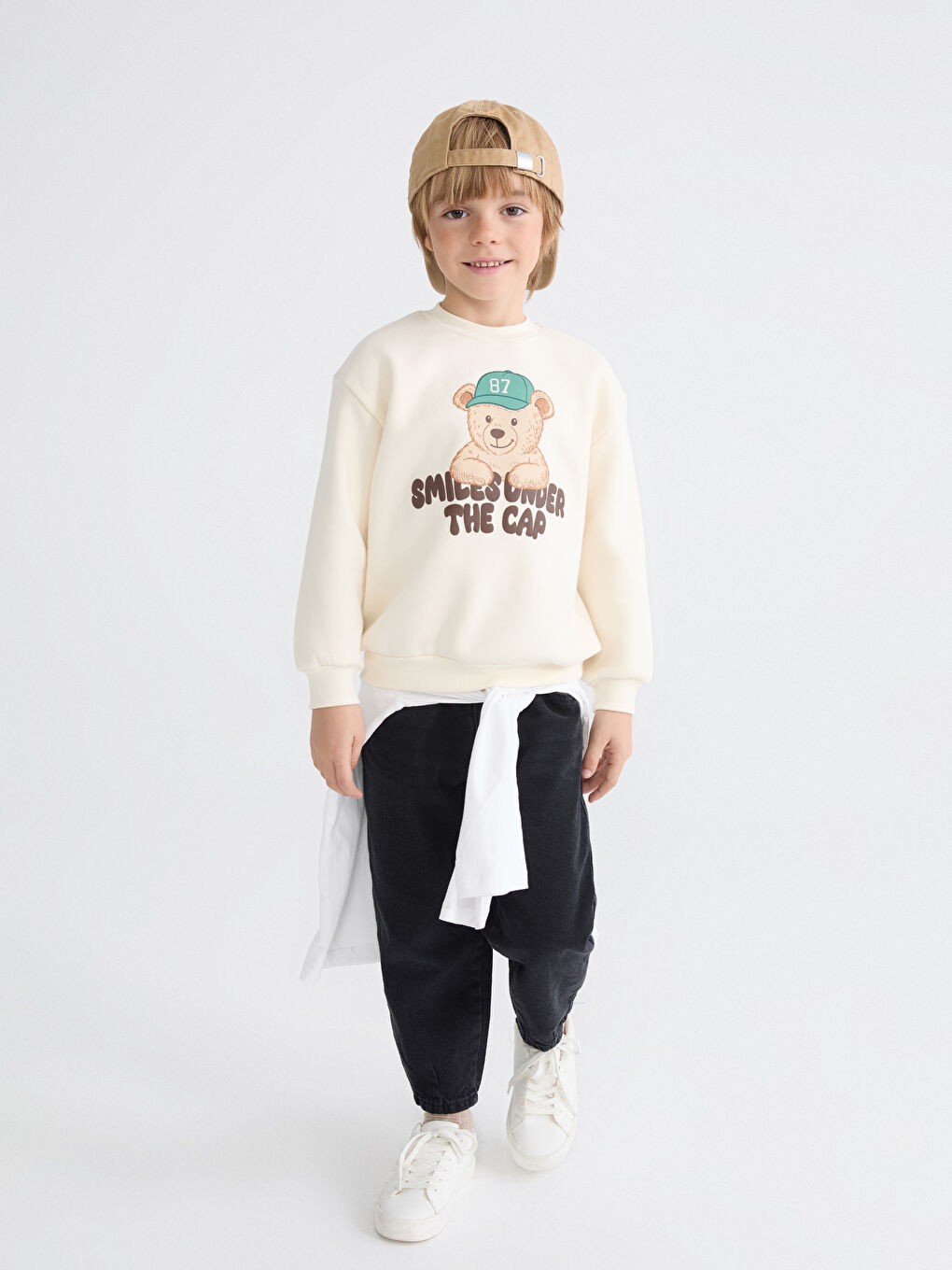 Bej Bisiklet Yaka Ayı Teddy Baskılı Erkek Çocuk Sweatshirt-1