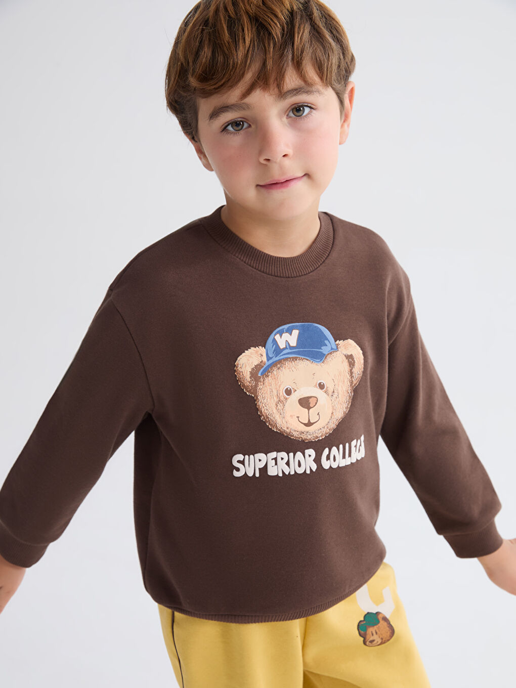 Kahverengi Bisiklet Yaka Ayı Teddy Baskılı Erkek Çocuk Sweatshirt