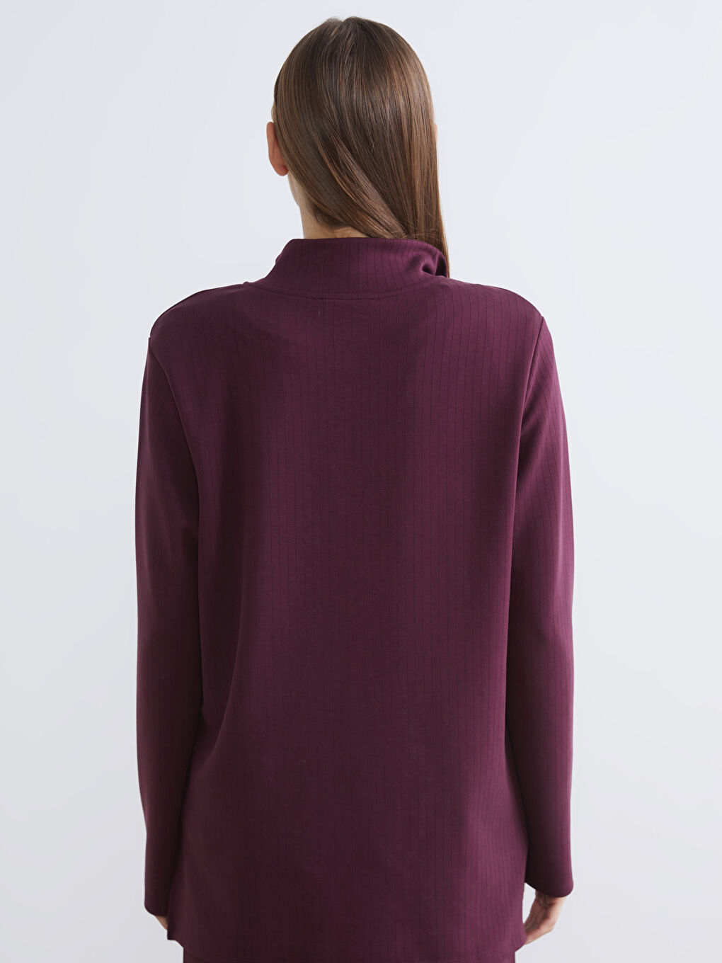 Bordo Dik Yaka Çizgili Oversize Kadın Tişört-3