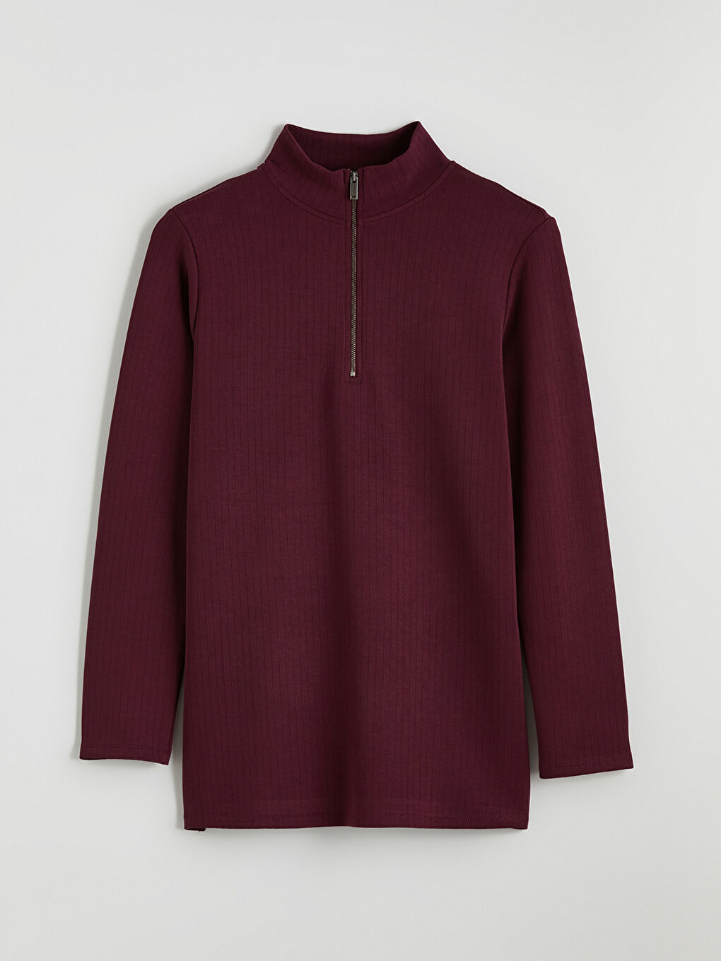 Bordo Dik Yaka Çizgili Oversize Kadın Tişört