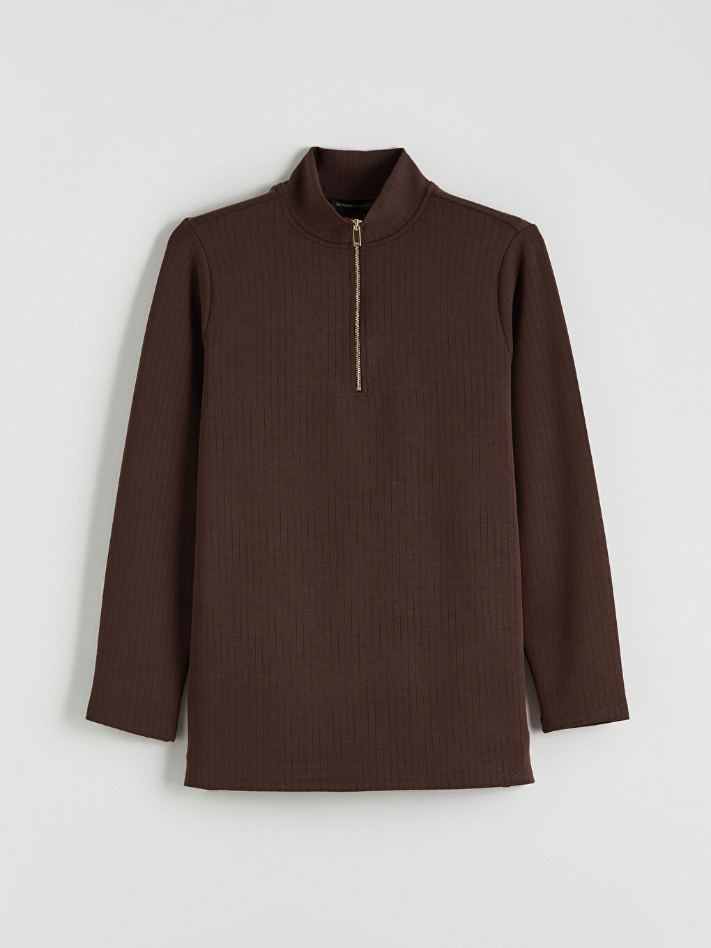 Kahverengi Dik Yaka Çizgili Oversize Kadın Tişört-4