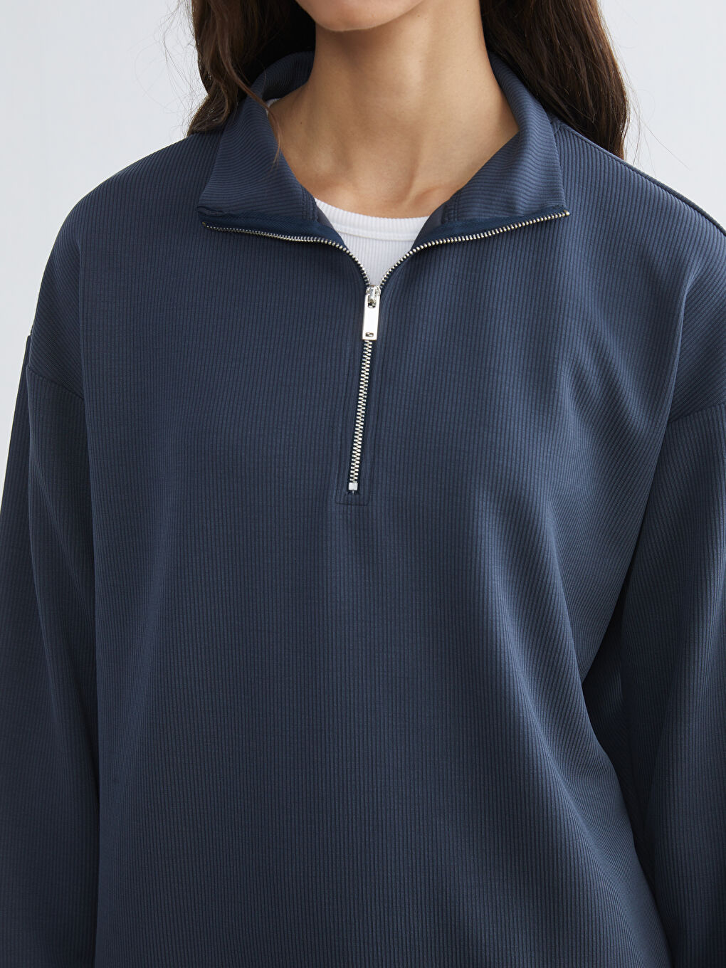 Lacivert Dik Yaka Kadın Sweatshirt-2