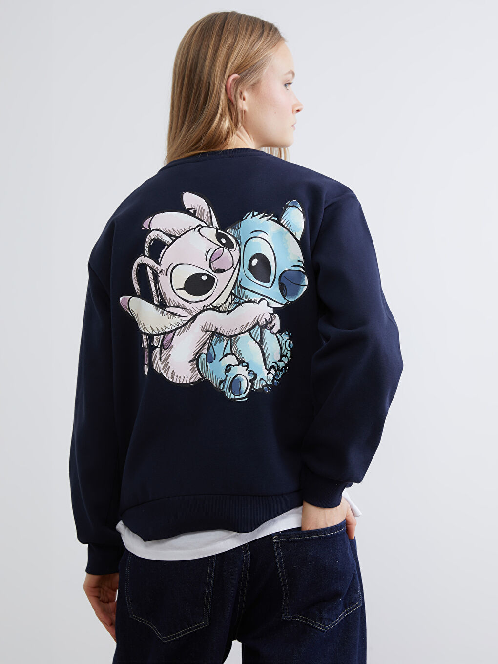 Lacivert Lilo & Stitch Baskılı Kadın Kalın Sweatshirt