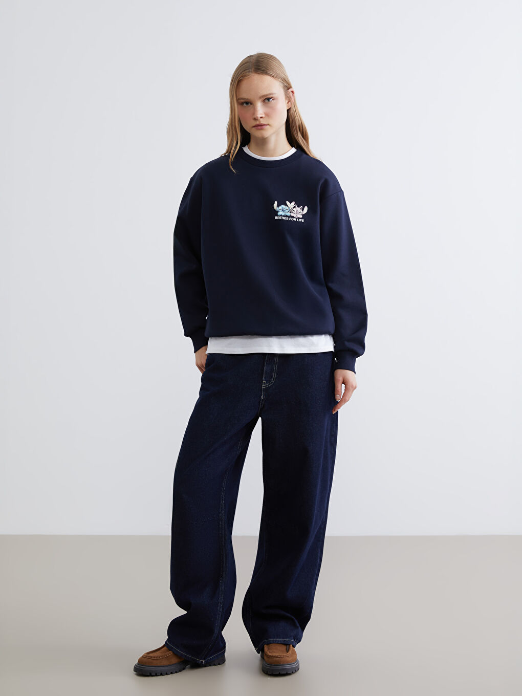 Lacivert Lilo & Stitch Baskılı Kadın Kalın Sweatshirt-1