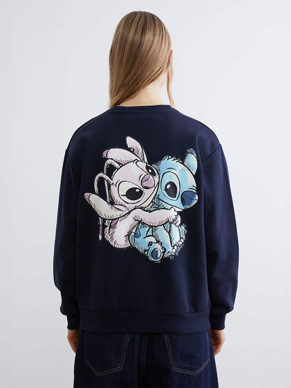 Lacivert Lilo & Stitch Baskılı Kadın Kalın Sweatshirt-3