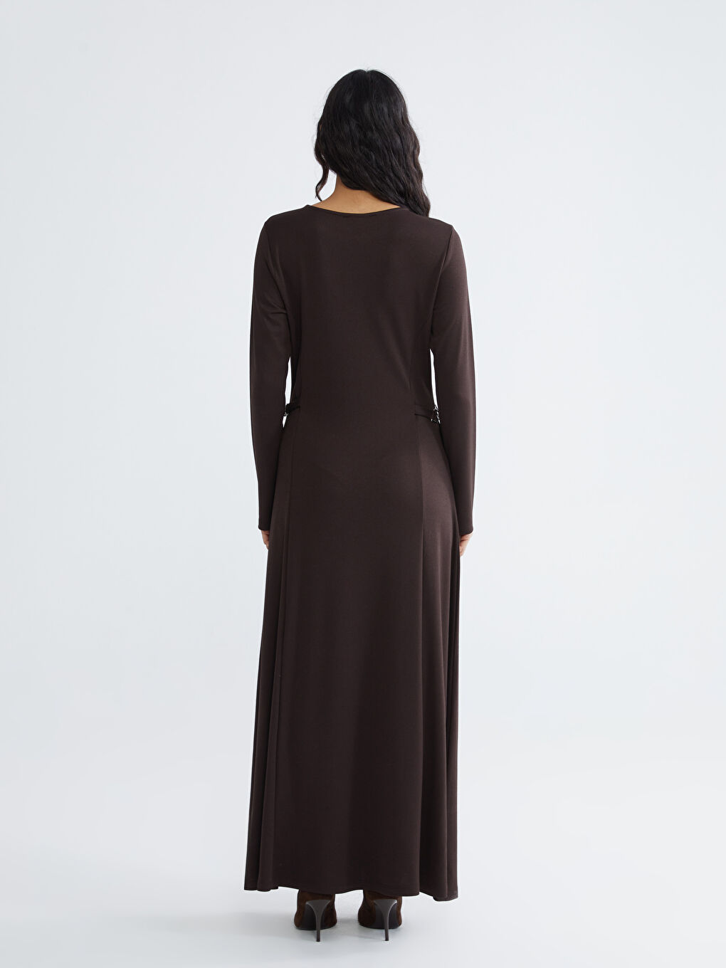 Kahverengi Bisiklet Yaka Beli Kemerli Elbise-3