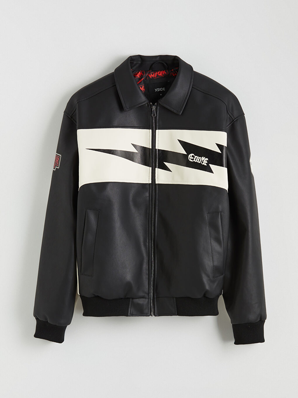 Siyah Rahat Kalıp Stranger Things Baskılı Erkek Deri Görünümlü Ceket-5