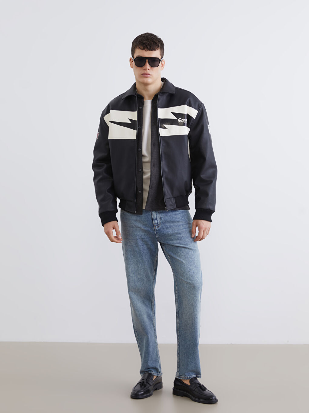 Siyah Rahat Kalıp Stranger Things Baskılı Erkek Deri Görünümlü Ceket-1