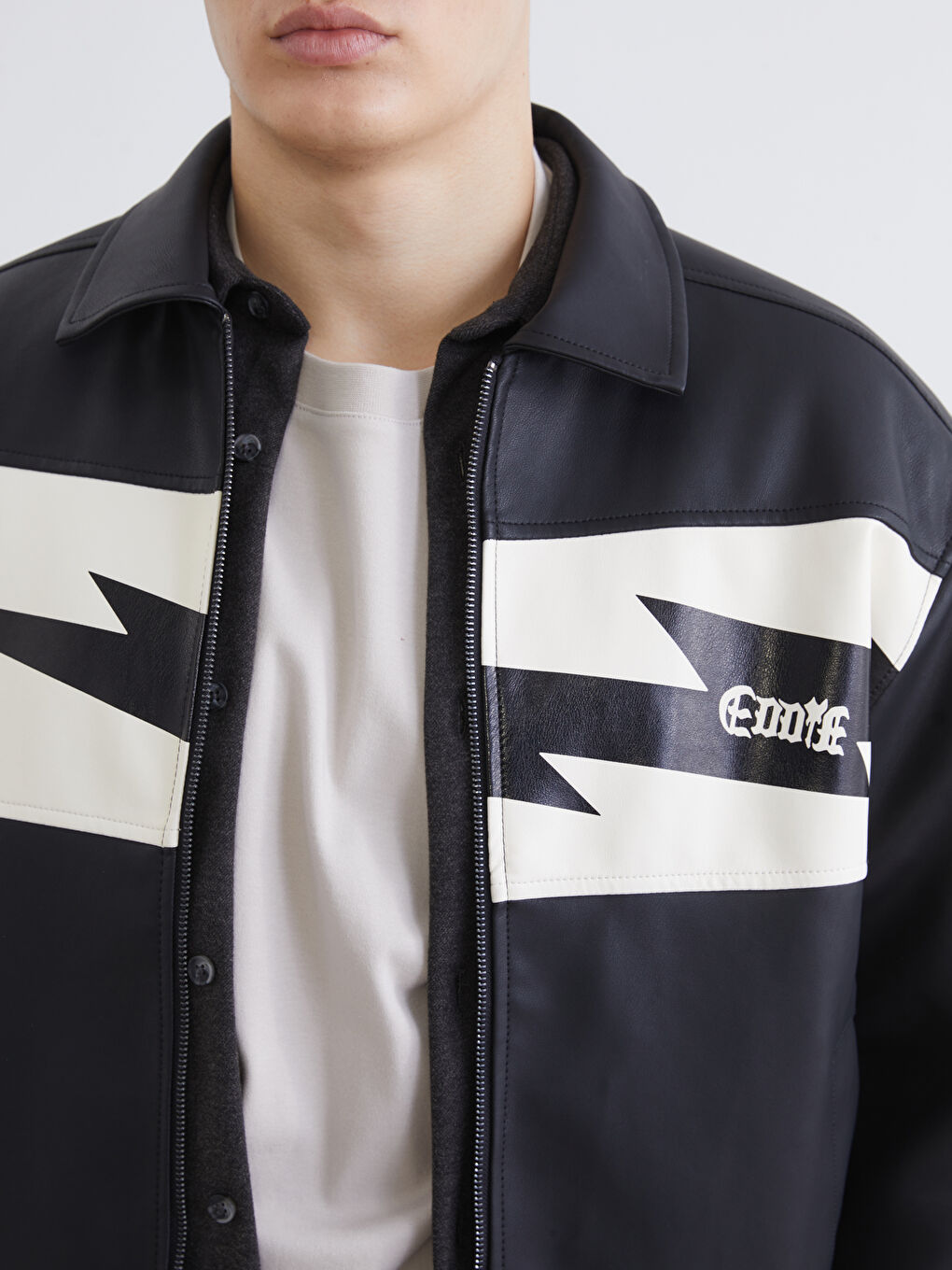 Siyah Rahat Kalıp Stranger Things Baskılı Erkek Deri Görünümlü Ceket-2