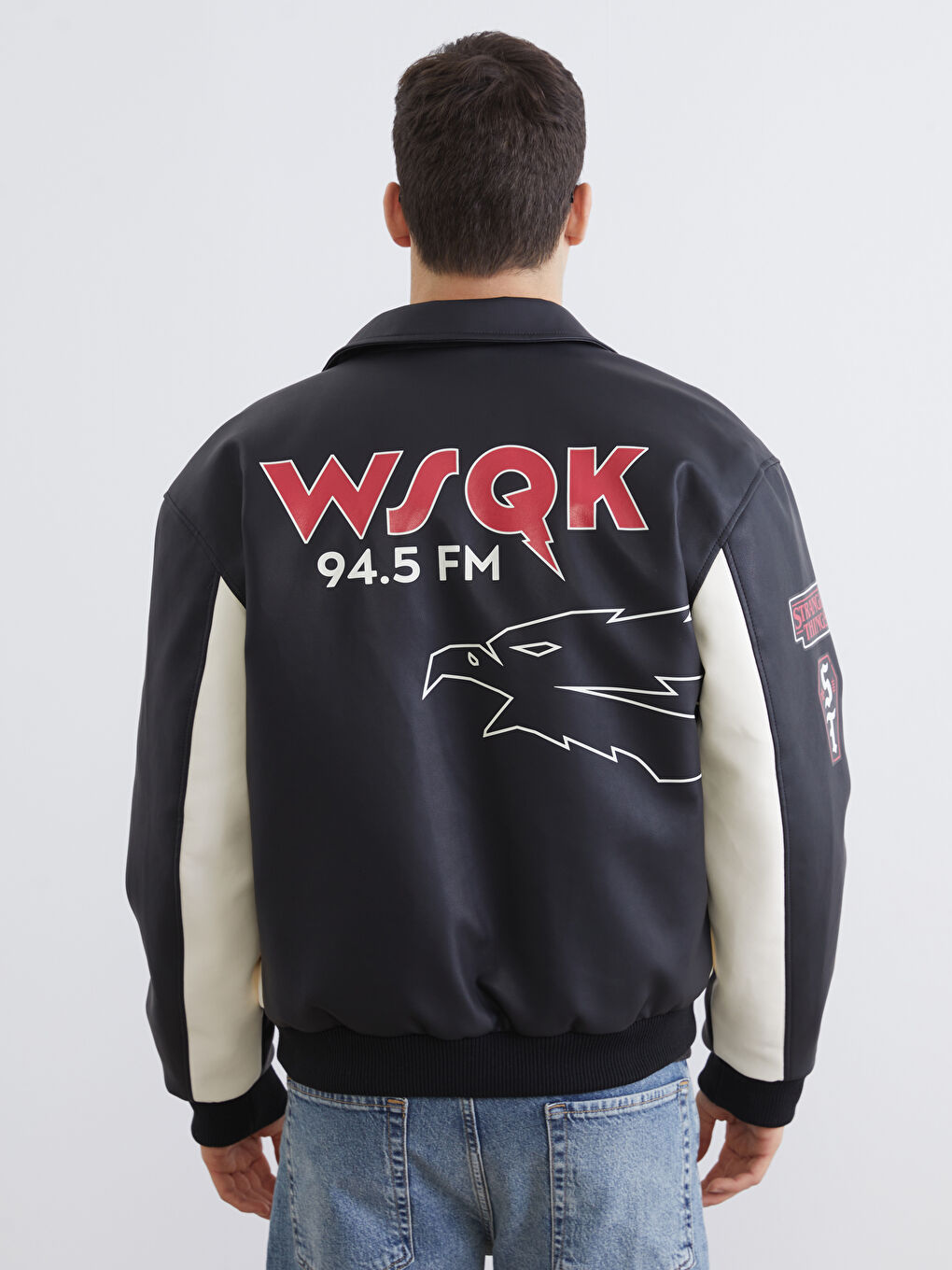 Siyah Rahat Kalıp Stranger Things Baskılı Erkek Deri Görünümlü Ceket-4