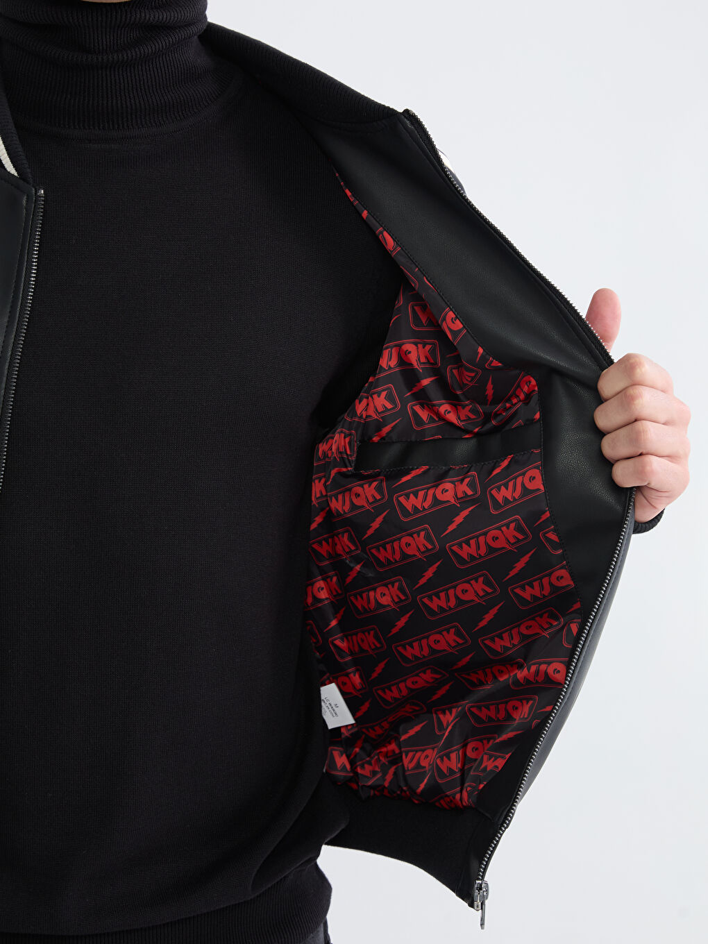 Siyah Rahat Kalıp Stranger Things Baskılı Erkek Deri Görünümlü Ceket-3