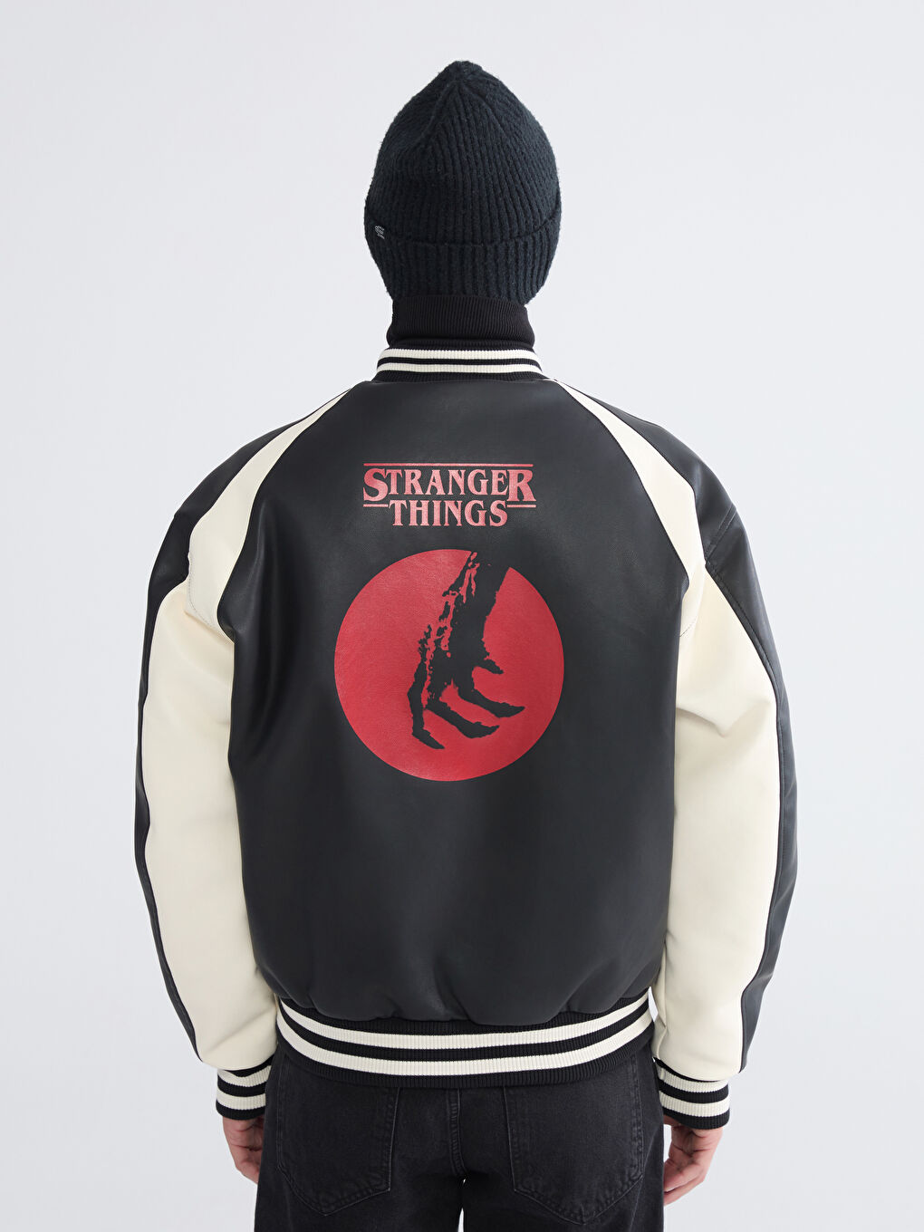 Siyah Rahat Kalıp Stranger Things Baskılı Erkek Deri Görünümlü Ceket-4