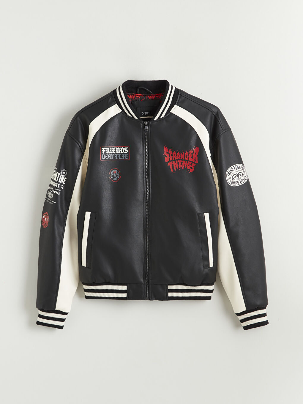 Siyah Rahat Kalıp Stranger Things Baskılı Erkek Deri Görünümlü Ceket-5