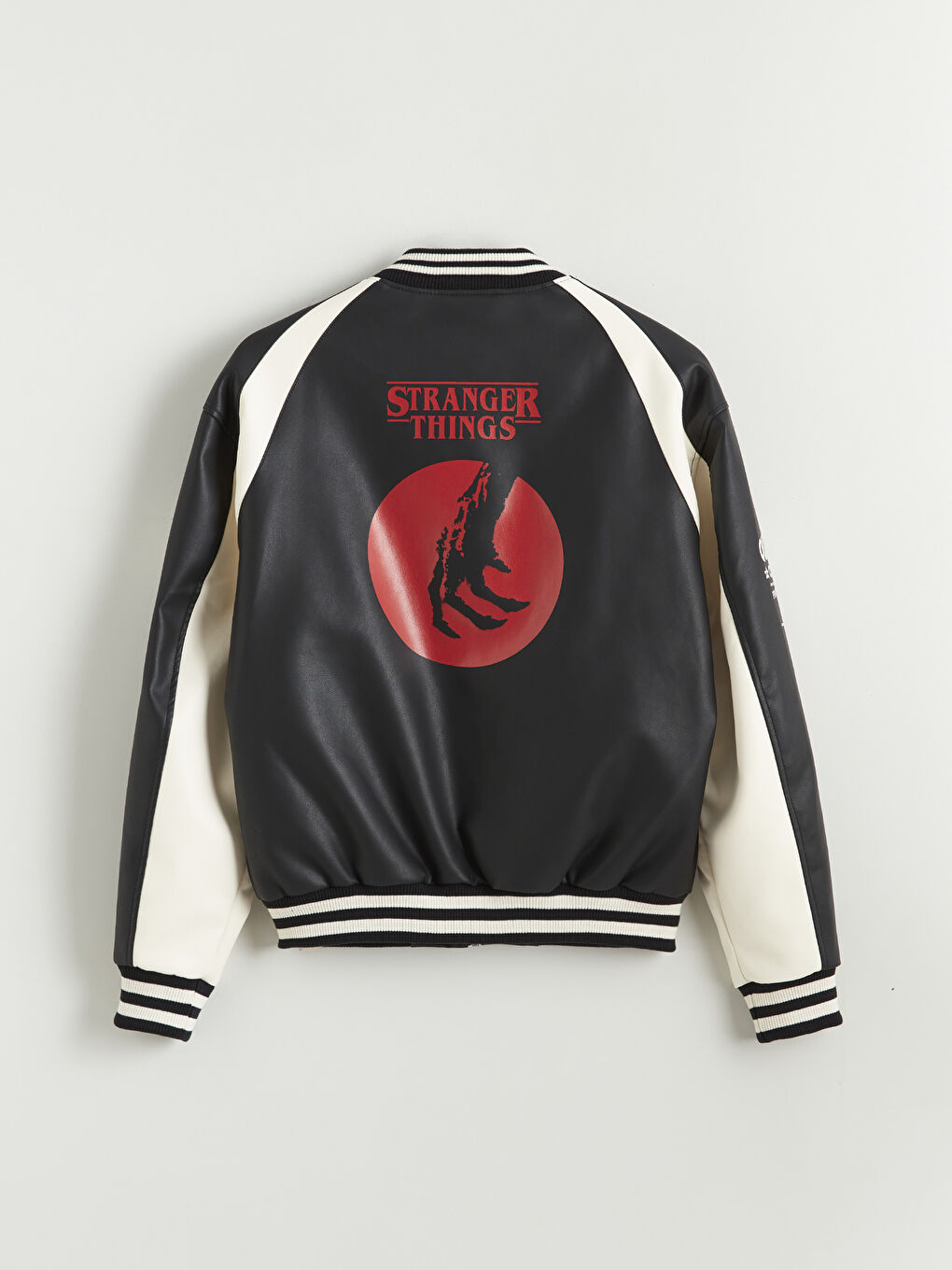 Siyah Rahat Kalıp Stranger Things Baskılı Erkek Deri Görünümlü Ceket-6