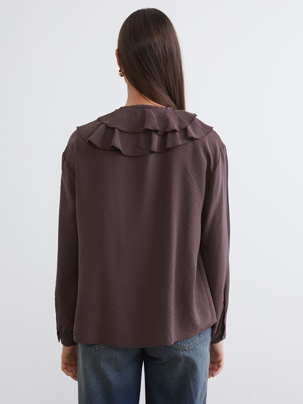 Kahverengi Bisiklet Yaka Fırfırlı Bluz-3