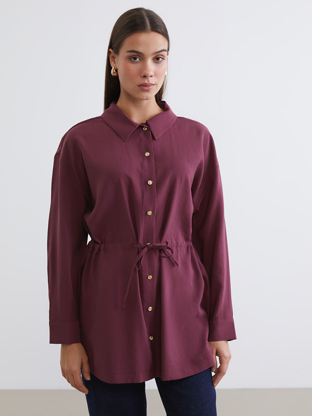 Bordo Büzgülü Kadın Gömlek Tunik