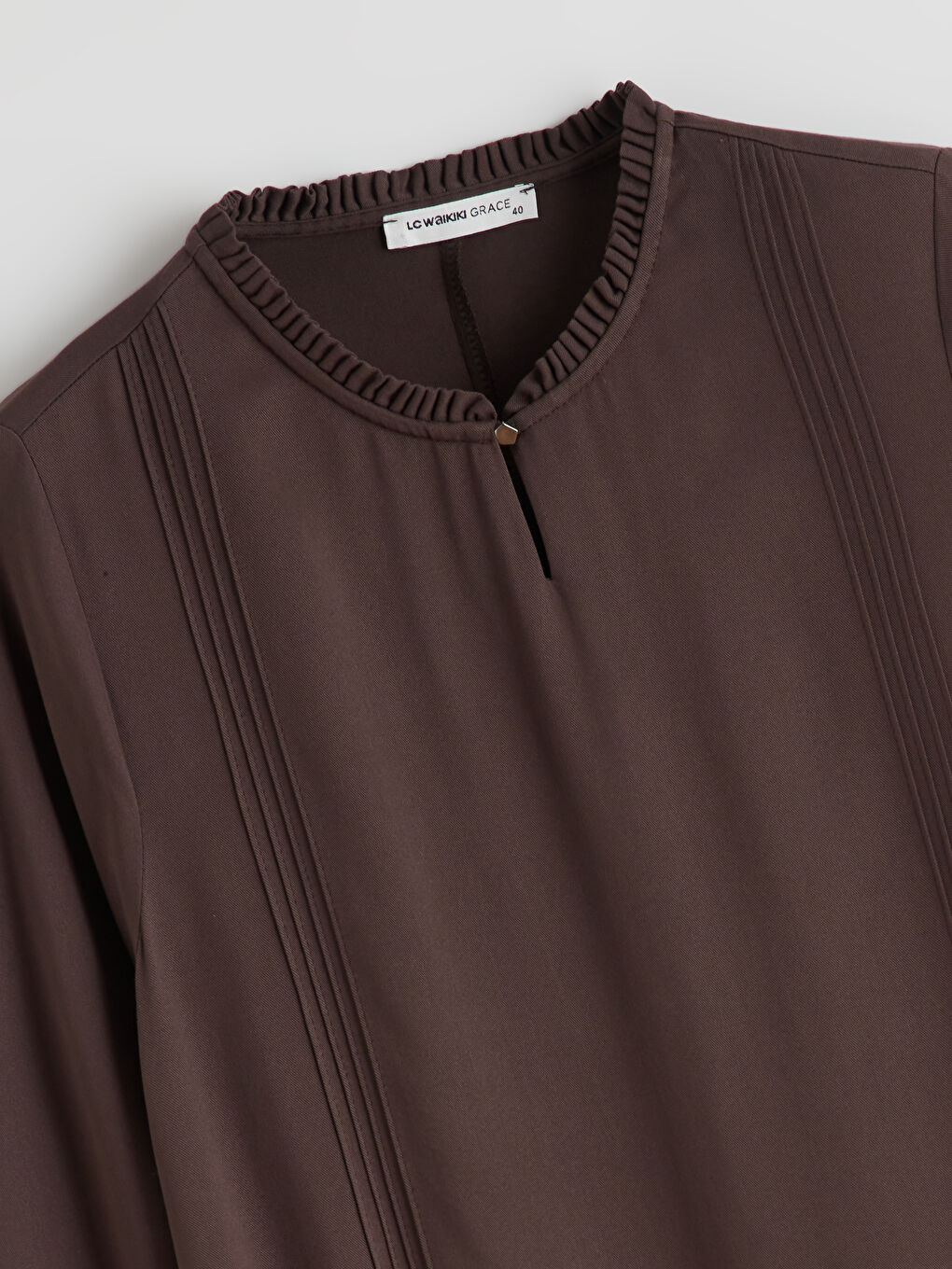 Kahverengi Fırfırlı Bisiklet Yaka Pile Detaylı Elbise-5