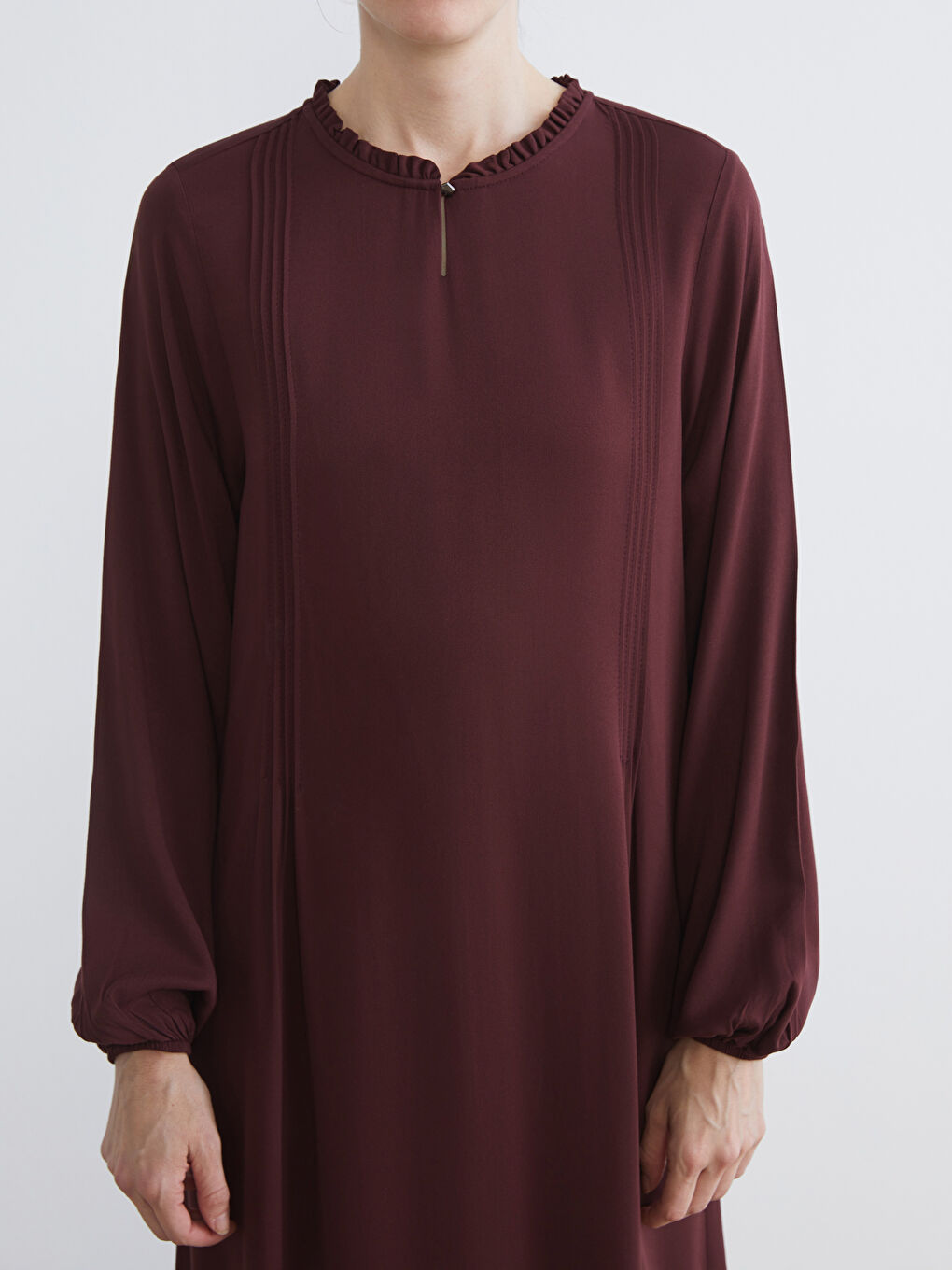 Kahverengi Fırfırlı Bisiklet Yaka Pile Detaylı Elbise-2