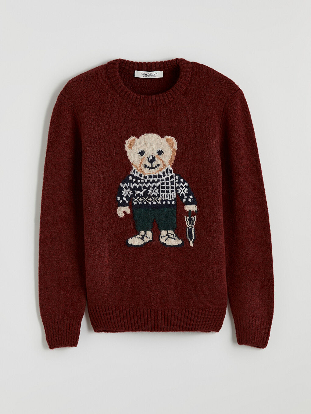 Bordo Bisiklet Yaka Ayı Teddy Desenli Erkek Çocuk Triko Kazak