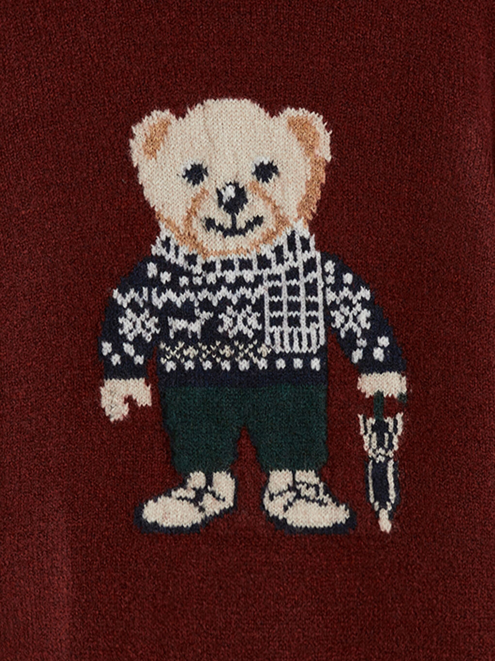 Bordo Bisiklet Yaka Ayı Teddy Desenli Erkek Çocuk Triko Kazak-1