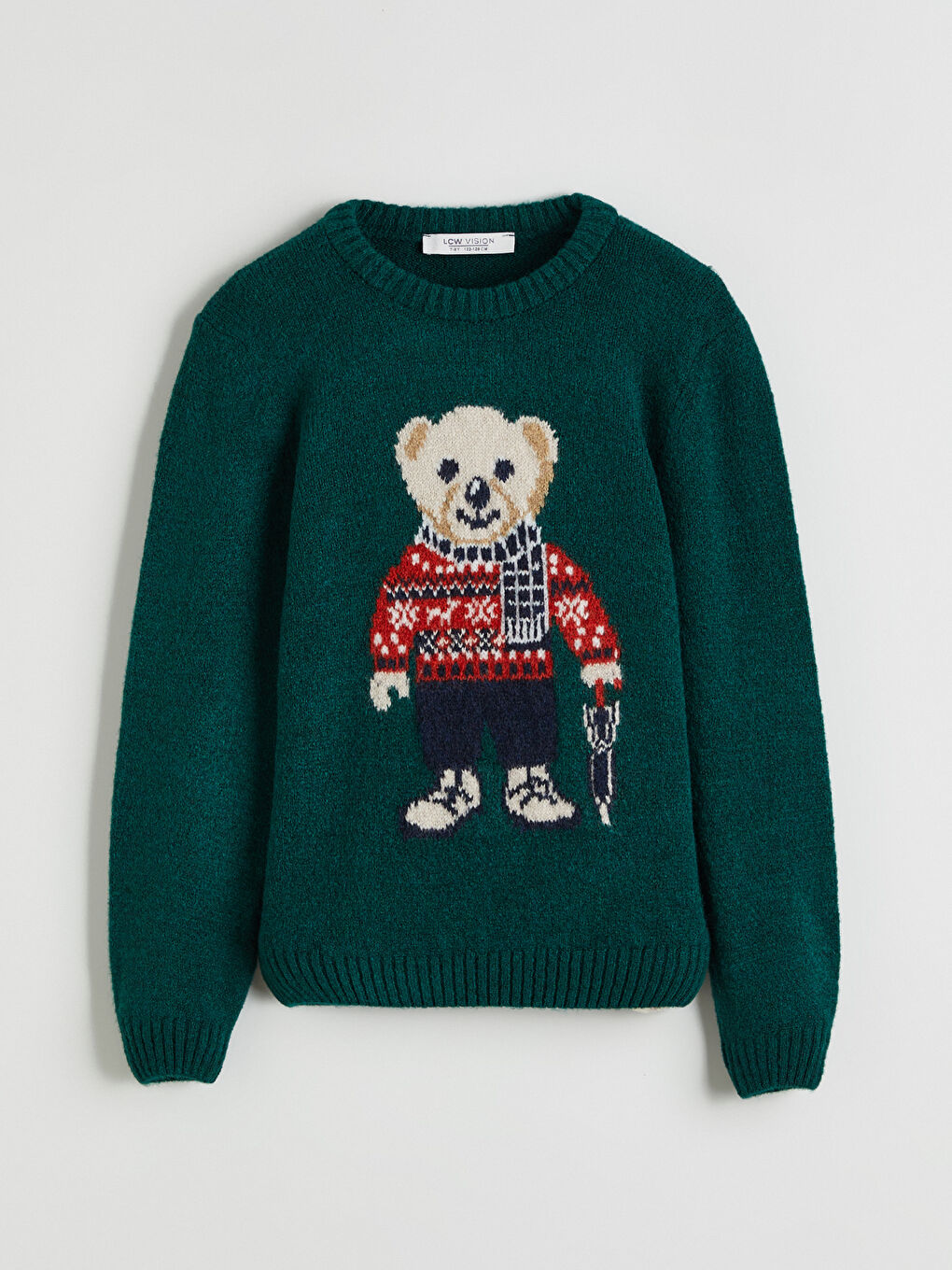 Yeşil Bisiklet Yaka Ayı Teddy Desenli Erkek Çocuk Triko Kazak